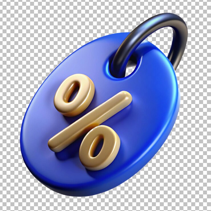 PSD renderowanie 3d niebieskiego znacznika zniżki złoty znak procentowy
