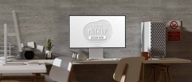 Renderowanie 3D nowoczesnej przestrzeni coworkingowej z makietą komputera