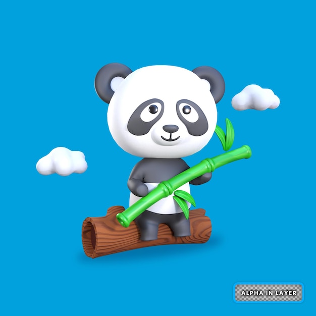 Renderowanie 3d Panda Siedząca Na Pniu Drzewa I Trzymająca Bambus Ilustracja