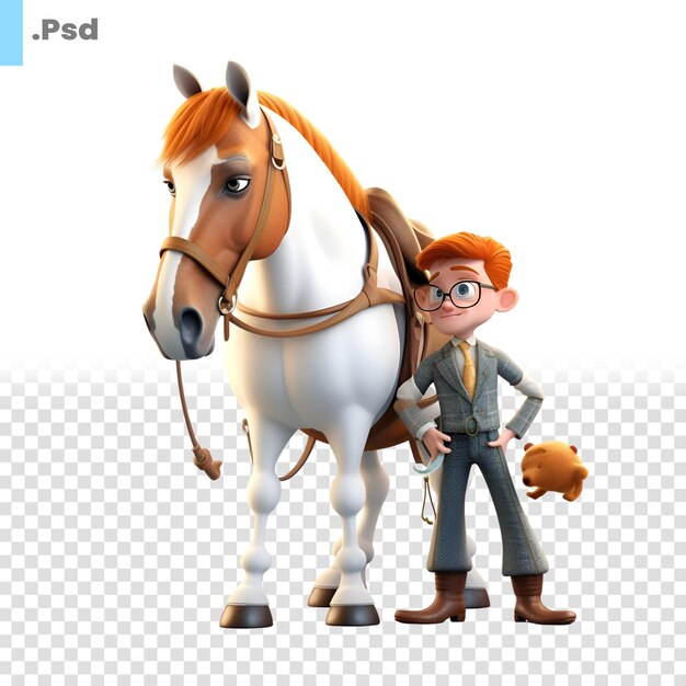 PSD renderowanie 3d postaci z kreskówki z koniem na białym tle szablon psd