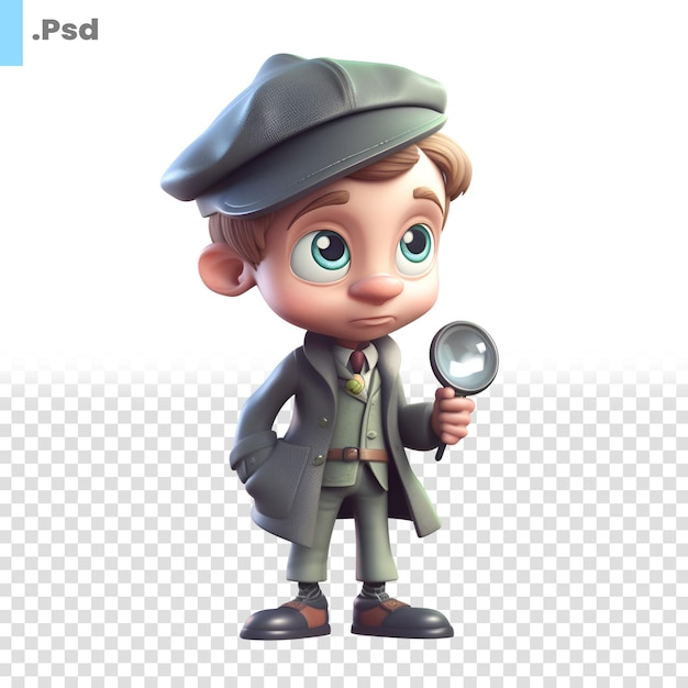 PSD renderowanie 3d przedstawiającego chłopca w mundurze wojskowym z szablonem psd ze szkłem powiększającym