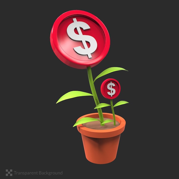PSD renderowanie 3d roślina doniczkowa ze złotymi monetami ilustracja gospodarczej rozwijającej się firmy pieniądze