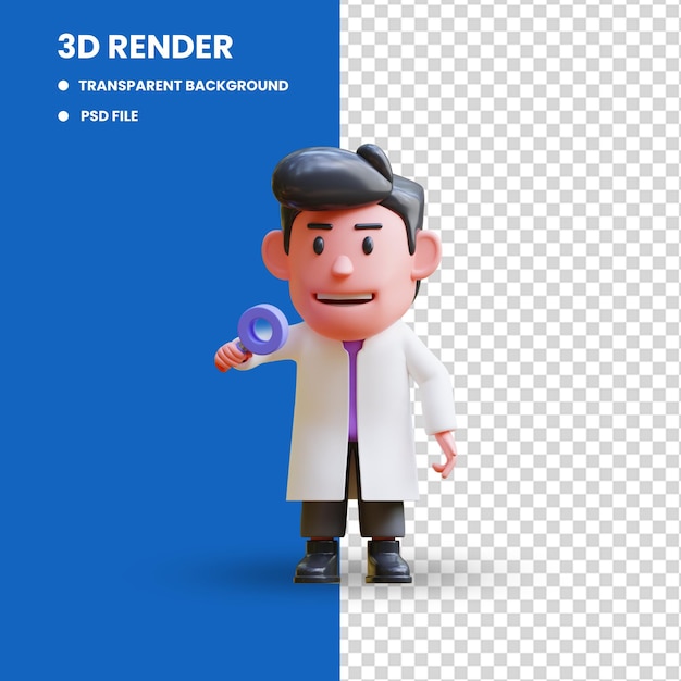 Renderowanie 3d Słodkiej Ilustracji Postaci Naukowca Szukającego Czegoś Za Pomocą Szkła Powiększającego