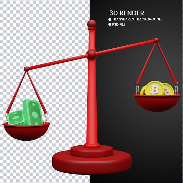 Renderowanie 3d słodkiej skali pieniędzy i bitcoina