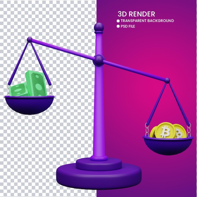 PSD renderowanie 3d słodkiej skali pieniędzy i bitcoina