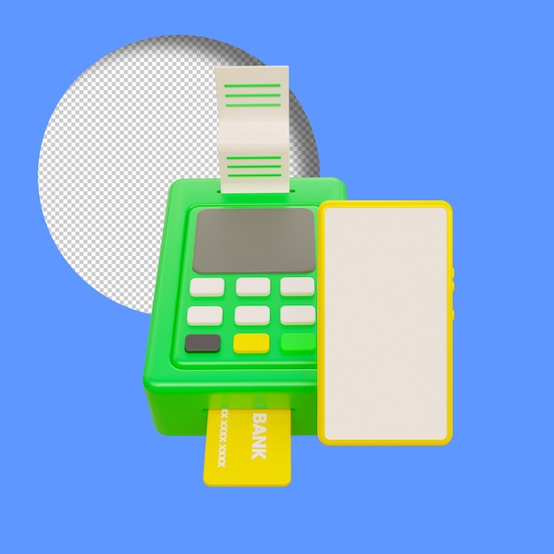 PSD renderowanie 3d terminala bankowego z transakcjami bankowymi kartą kredytową i telefonem komórkowym mobile banking co
