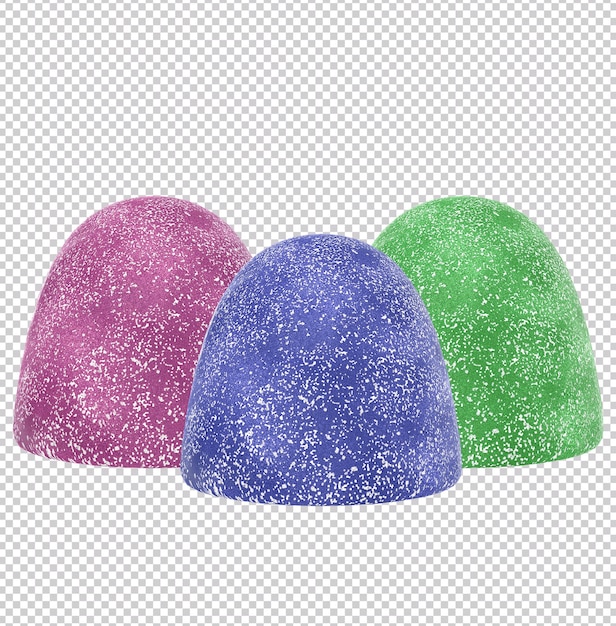 PSD renderowanie 3d trzech gumdrop kolorowych błyszczących cukierków na przezroczystym tle