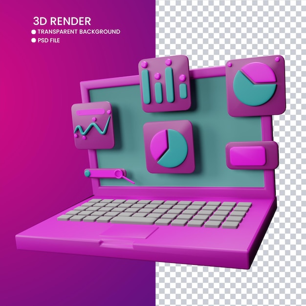 Renderowanie 3d uroczego laptopa i wykresu