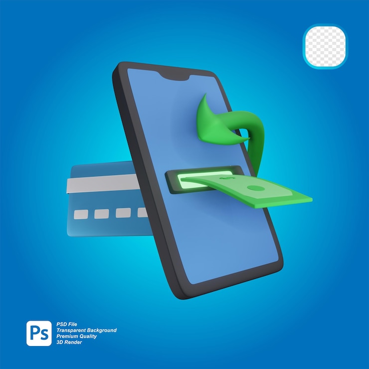 PSD renderowanie 3d zwrotu gotówki z karty kredytowej na gotówkę