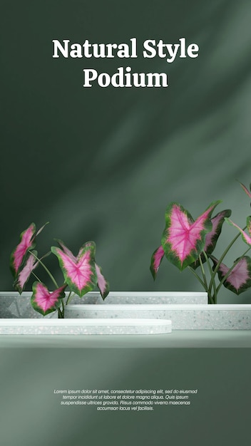 Renderowanie Obrazu 3d Pusta Makieta Zielone Lastryko Podium W Portretowej Roślinie Caladium Różowy Wybuch