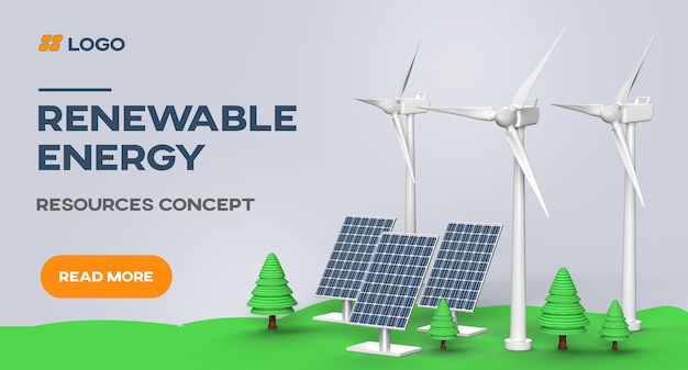 PSD renewable energy banner background with green energy as wind turbines and solar panels