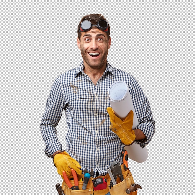 改修と占領のコンセプト 保護眼鏡をかぶった若い手作業員 シャツと道具のキットに満ちた ブループリントを握り 興奮した表情で仕事後に休みに行く