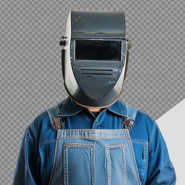 Repair man wearing professional welding mask over head covering face for protection png isolated on
