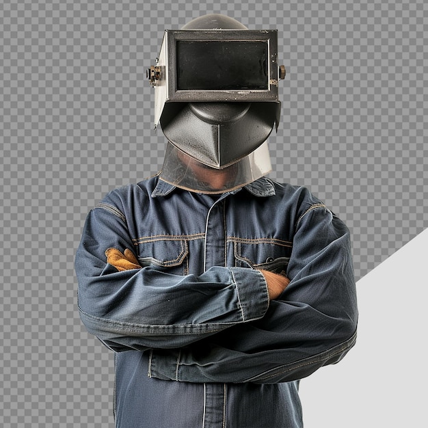 Repair man wearing professional welding mask over head covering face for protection png isolated on