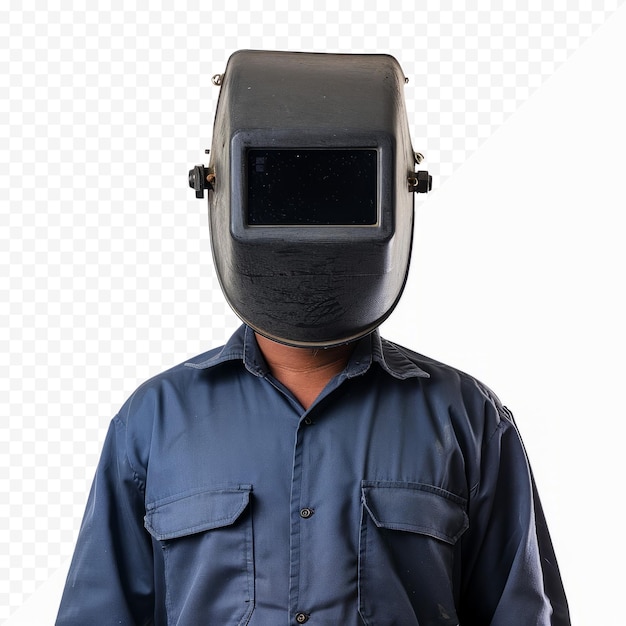 PSD uomo di riparazione che indossa una maschera di saldatura professionale sulla testa che copre il viso per la protezione