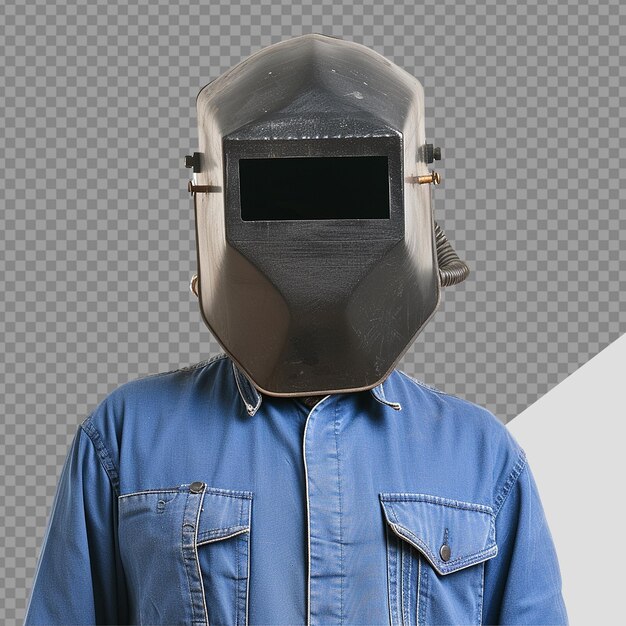 PSD Ремонтник, носящий профессиональную сварную маску над головой, покрывающую лицо для защиты png изолирован на