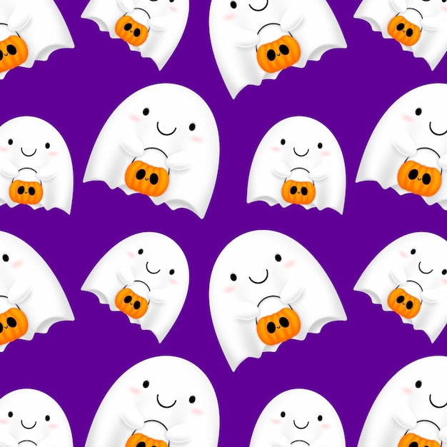 PSD repeating pattern of cute halloween ghosts on purple background