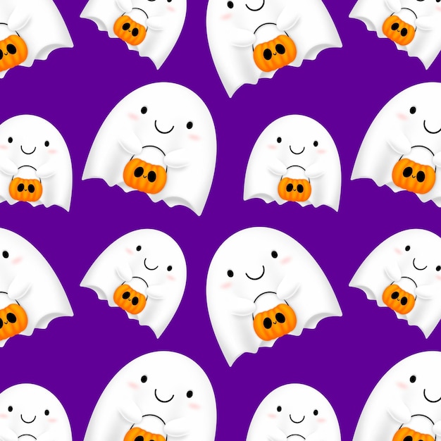 Повторяющийся узор милых призраков хэллоуина на фиолетовом фоне