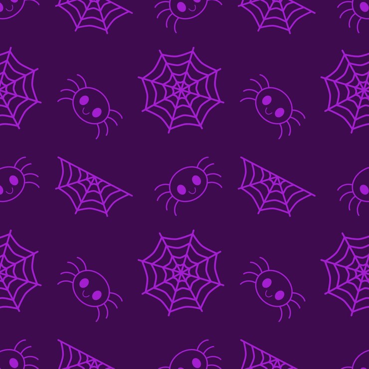 PSD repeating raster pattern with outlines of spiders and cobwebs on a purple background