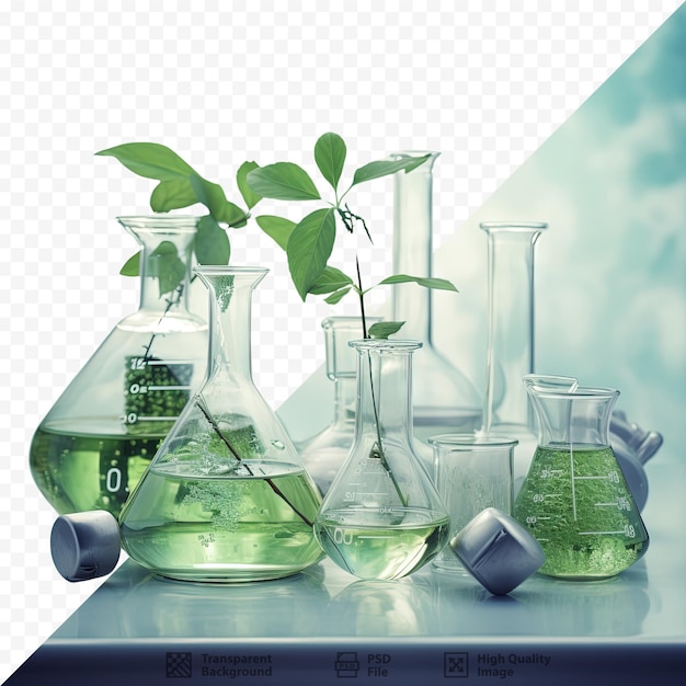 PSD la ricerca sull'estrazione delle piante è stata condotta utilizzando attrezzature e vetri su uno sfondo trasparente incentrato sulla scienza verde e sulla chimica