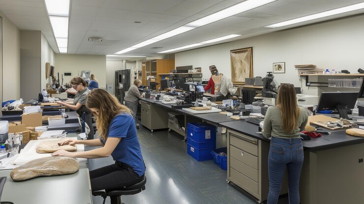 PSD researchers working in a lab cataloging artifacts