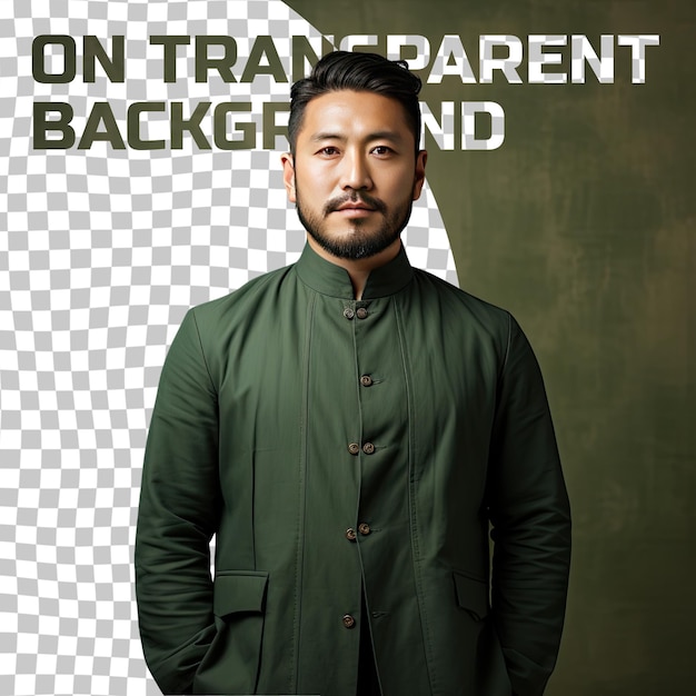 PSD a resentful adult man with short hair from the east asian ethnicity dressed in interpreter attire poses in a one hand on waist style against a pastel green background