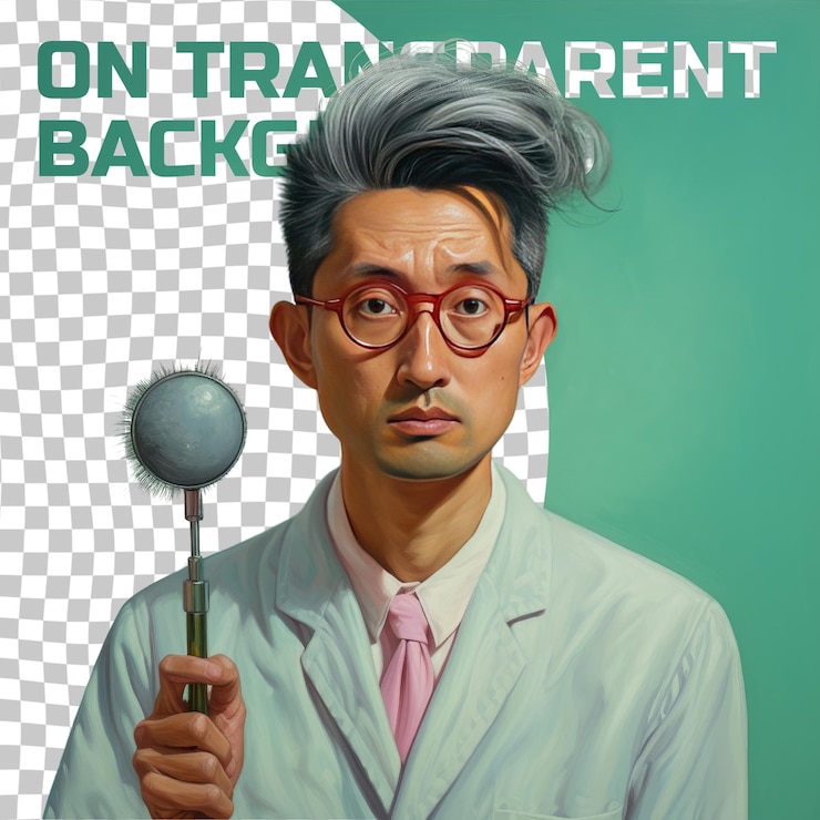 PSD 一位穿著眼科醫生服裝的蒙古族短頭髮的憤怒的成年男人,在<unk>色背景下以手刷頭髮的風格摆姿勢.