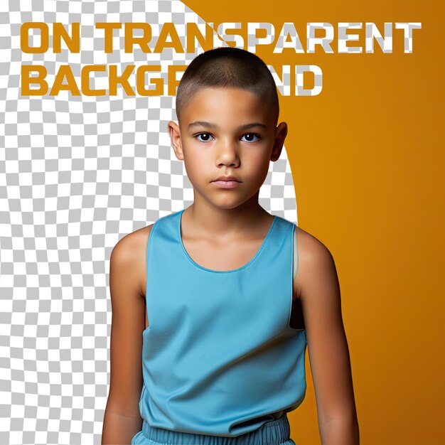 PSD a resentful child boy with short hair from the aboriginal australian ethnicity dressed in playing basketball attire poses in a intense direct gaze style against a pastel lemon background