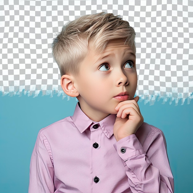 A resentful child boy with short hair from the nordic ethnicity dressed in health educator attire poses in a pensive look with finger on lips style against a pastel blue background
