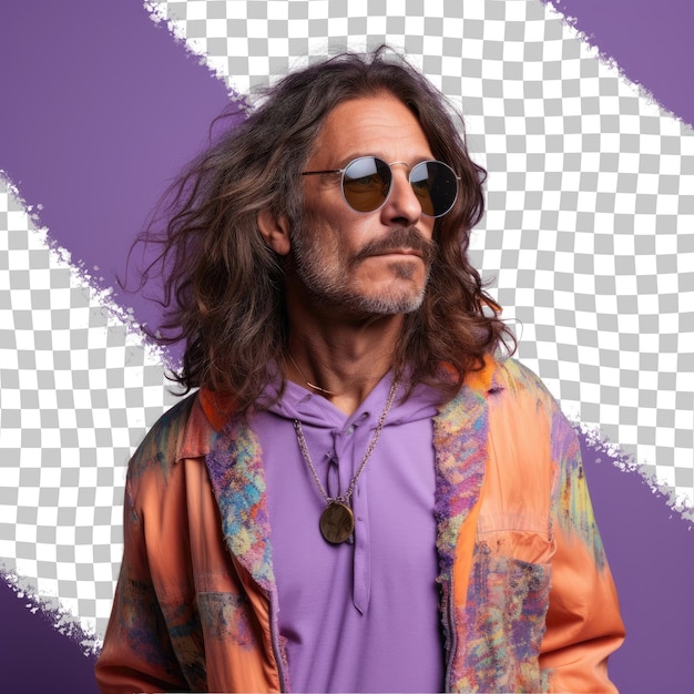 PSD resentful hispanic man in mason attire glasses and long hair posing against periwinkle background