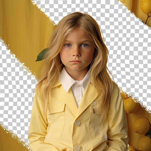 PSD a resentful preschooler boy with long hair from the scandinavian ethnicity dressed in climatologist attire poses in a soft gaze with tilted head style against a pastel lemon background