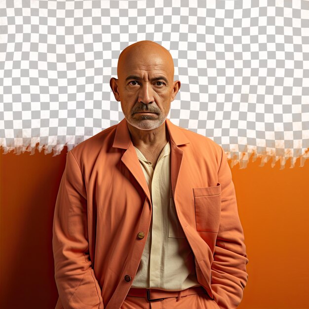 PSD a resentful senior man with bald hair from the southeast asian ethnicity dressed in locksmith attire poses in a leaning against a wall style against a pastel tangerine background