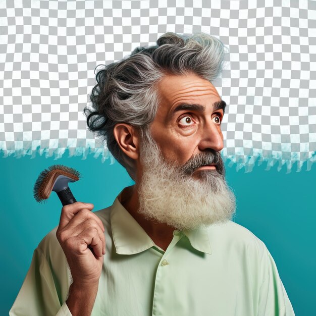 A resentful senior man with short hair from the middle eastern ethnicity dressed in oceanographer attire poses in a hand brushing through hair style against a pastel turquoise background