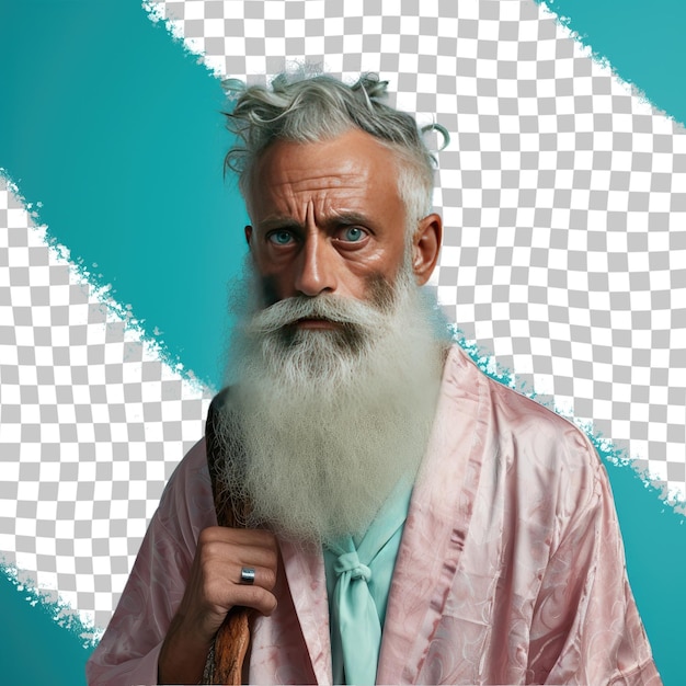PSD a resentful senior man with short hair from the middle eastern ethnicity dressed in oceanographer attire poses in a hand brushing through hair style against a pastel turquoise background