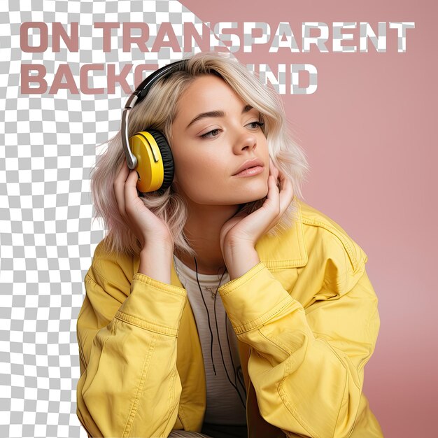 PSD resentful uralic blonde music loving womans cheeky pose on pastel yellow