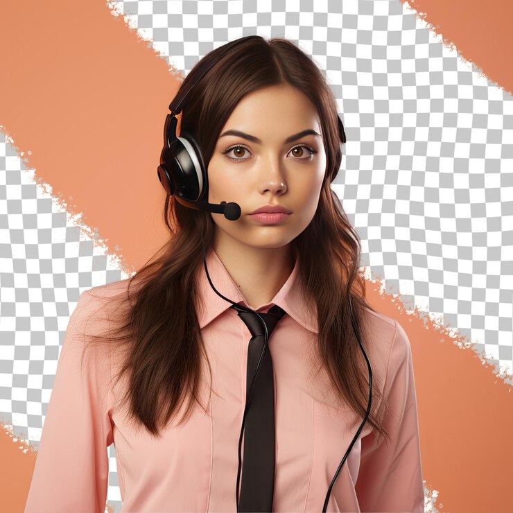 PSD a resentful young adult woman with long hair from the nordic ethnicity dressed in customer service representative attire poses in a intense direct gaze style against a pastel peach backgroun