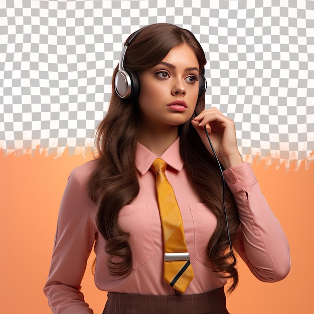 PSD a resentful young adult woman with long hair from the nordic ethnicity dressed in customer service representative attire poses in a intense direct gaze style against a pastel peach backgroun