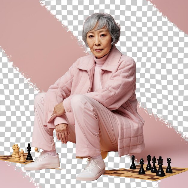 PSD resilient asian grandmaster poised against apricot backdrop exudes grace adorned in chess attire
