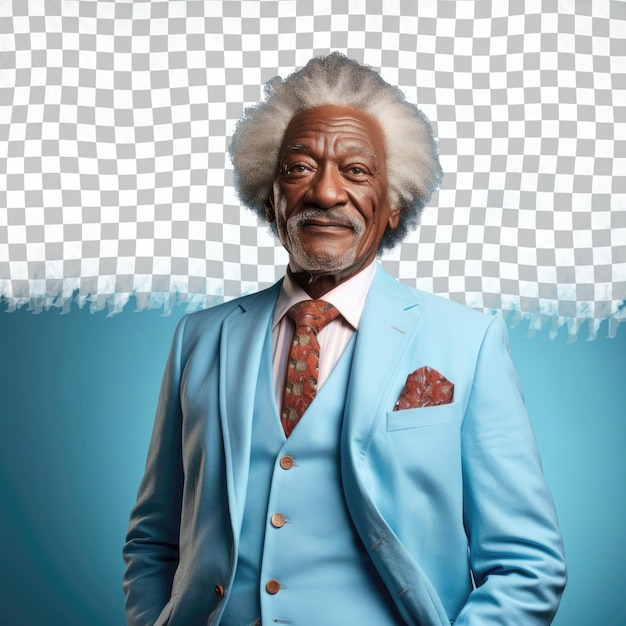 PSD respected senior african american principal in wavy hair standing with crossed ankles against pastel sky blue