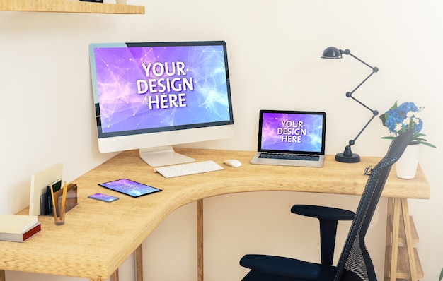 PSD responsive devices mockup on a corner table