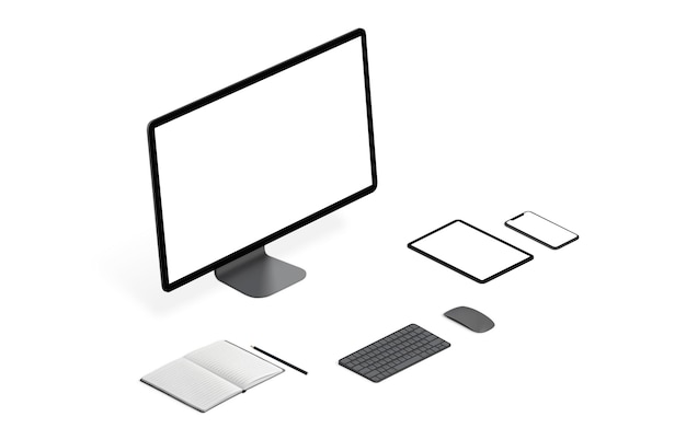 PSD responsive devices mockup on white desk isolated