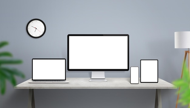 PSD responsive devices screen mockup on work desk