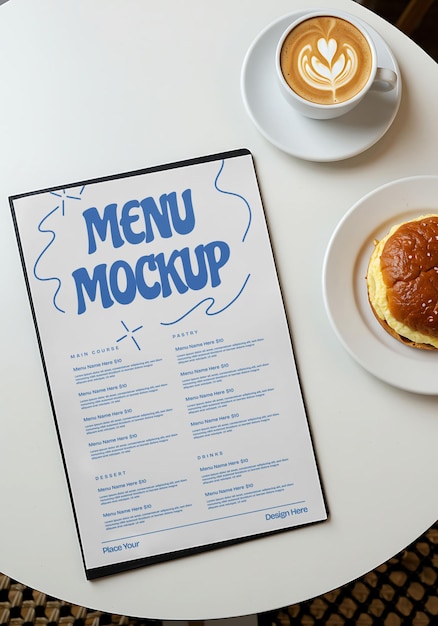 Restauracja Menu Mockup Design Kawa Latte Ciastka Śniadanie Jedzenie Flatlay Top View
