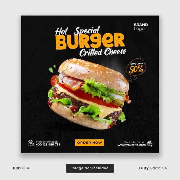 PSD banner di social media per hamburger del ristorante o modello di post di instagram