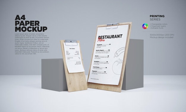 Restaurant check bill and menu mockup