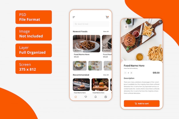 PSD restaurant eten bezorgen mobiele app ui-ontwerp