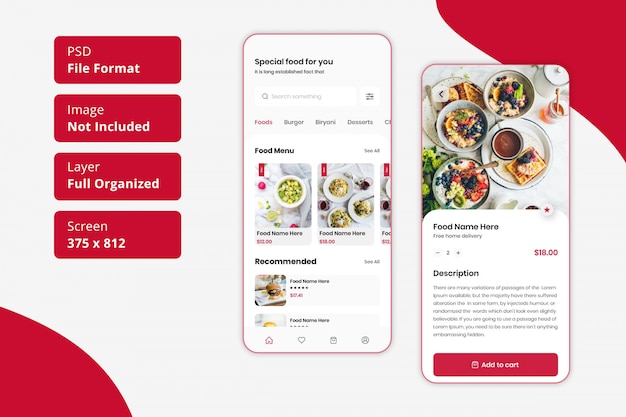 PSD restaurant eten bezorgen of restaurant eten thuisbezorging mobiele app ui-ontwerp