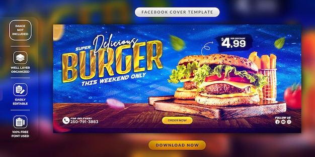 PSD menu di cibo del ristorante o modello di copertina di social media per hamburger