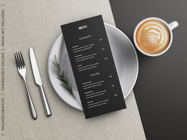 Mockup di concetto di menu cibo ristorante con stoviglie e tazza di caffè piatto isolato