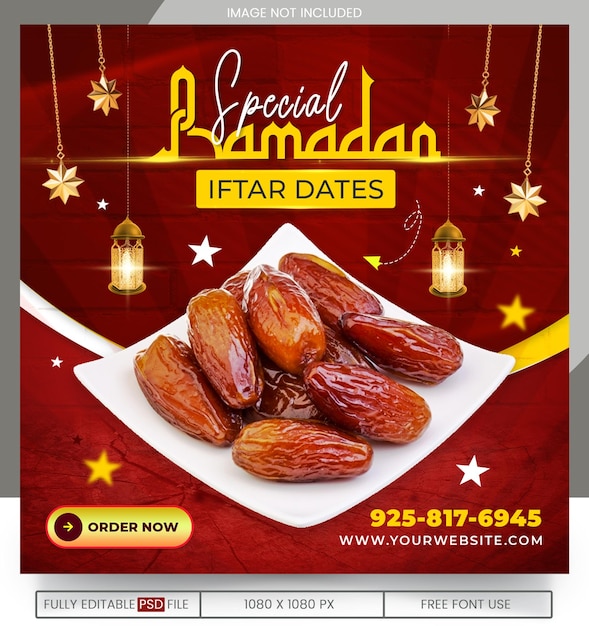 PSD restaurant food social media banner post design template special ramadan dates iftar package design